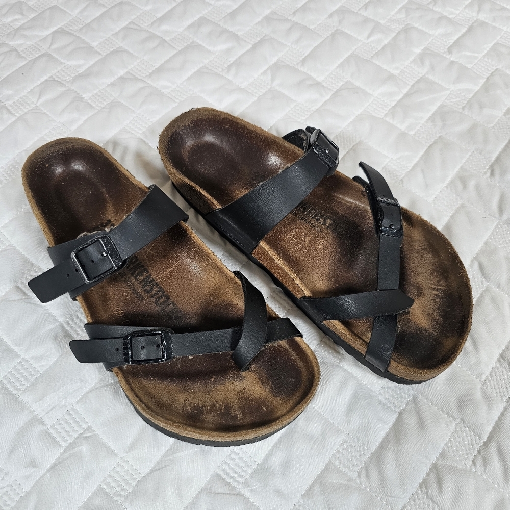Birkenstock Mayari Sandals 6 W EU 37 Black Used Cork Soles Cross Toe